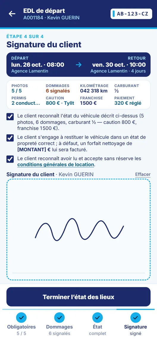 Application état des lieux : Signature du client